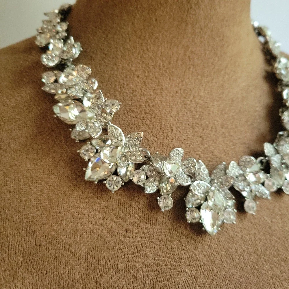 INC International Concepts Silver Tone Crystal Floral Statement Necklace Glam